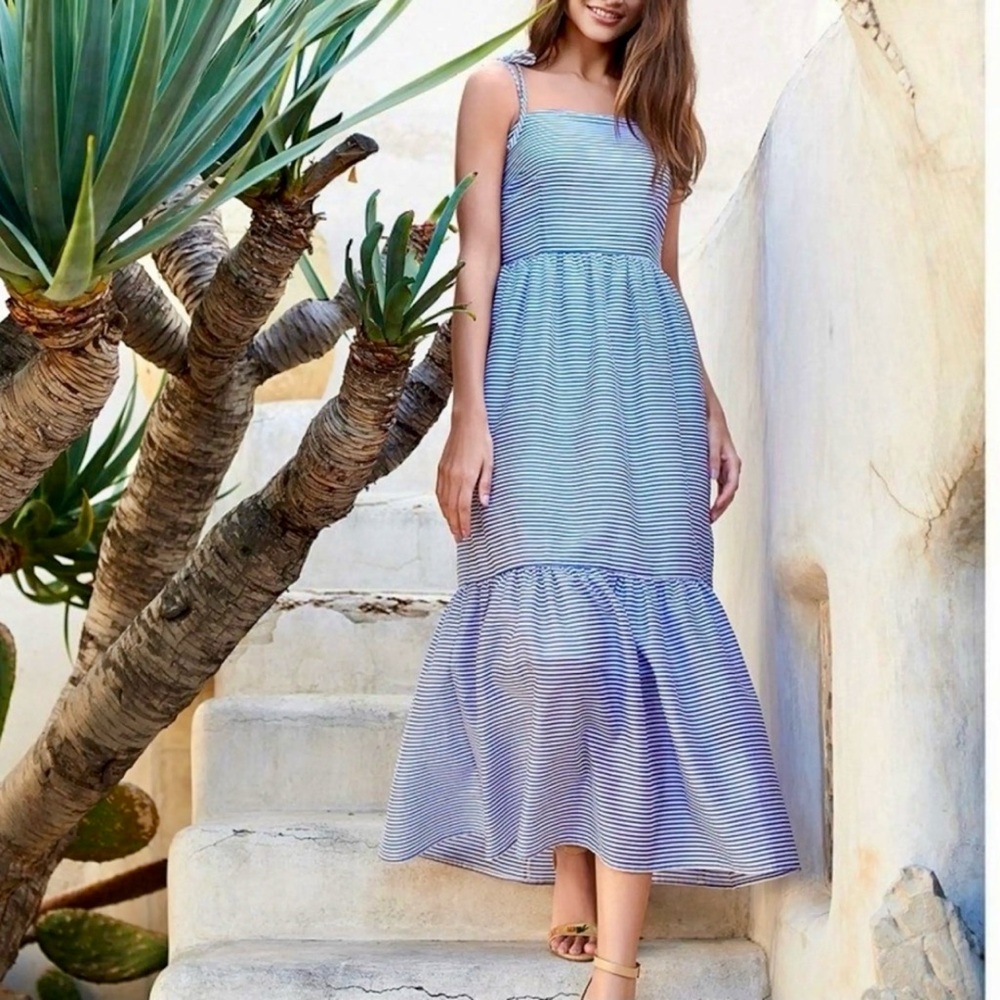 Gianni Bini Blue Ruffled Tiered striped bow strap Maxi Sundress, NWOT, size 6